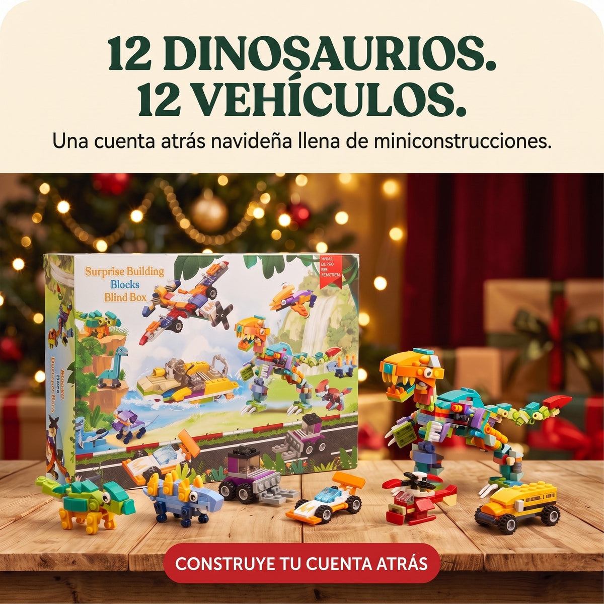Calendario de Adviento de Dinosaurios y Vehículos, 24 Miniconstrucciones con Gran T. Rex