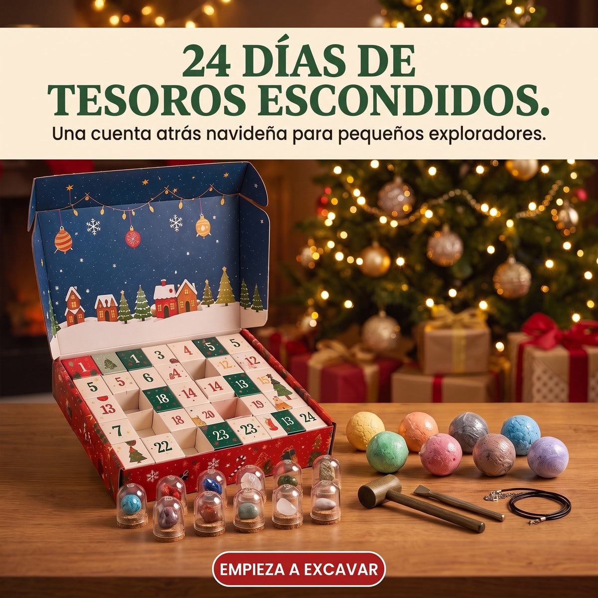 Calendario de Adviento de Excavación de Gemas para Niños, 24 Días de Tesoros Escondidos