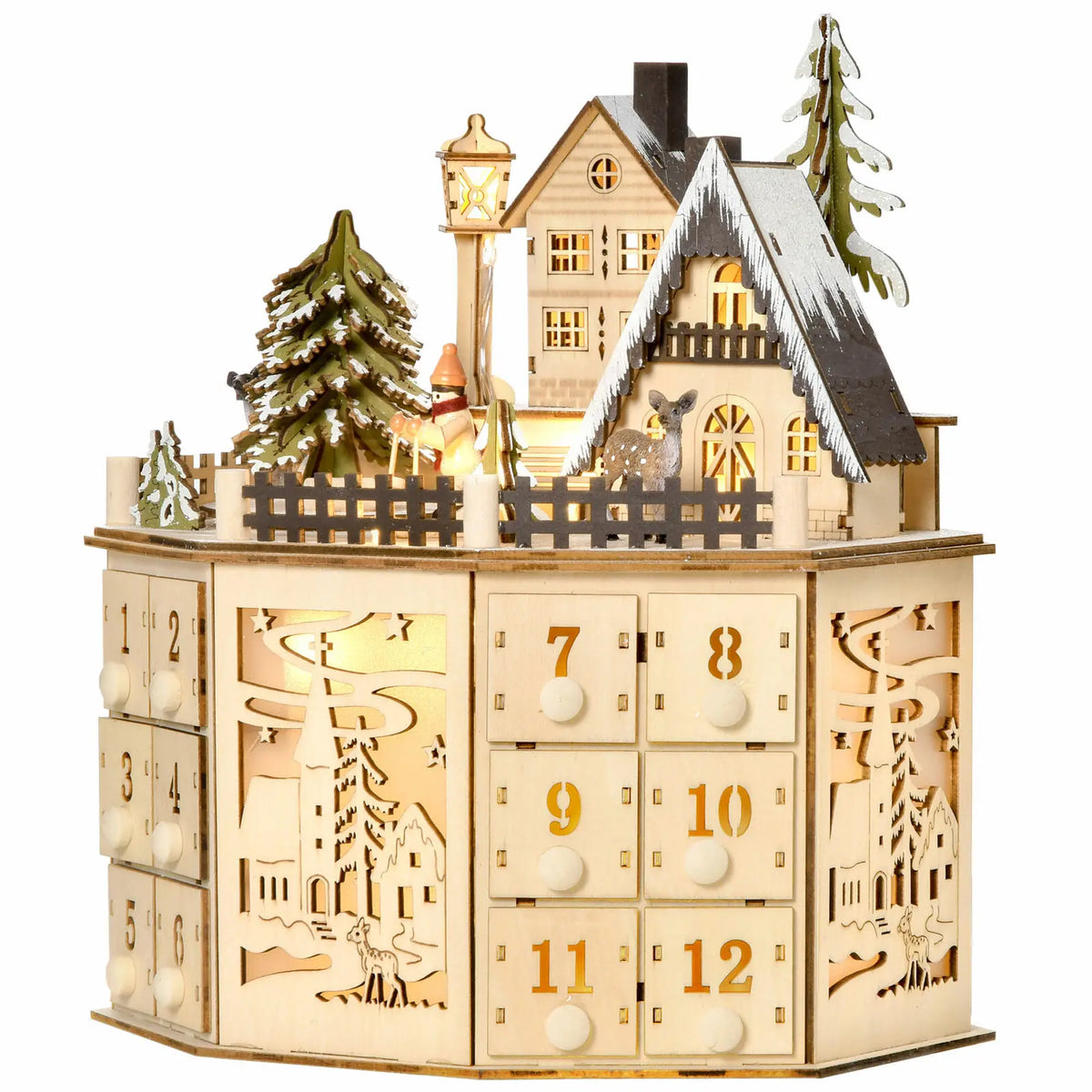 Calendario de Adviento de madera con 24 compartimentos, luz LED cálida y ambiente navideño