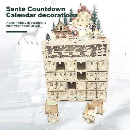Calendario de Adviento de madera con 24 compartimentos, luz LED cálida y ambiente navideño