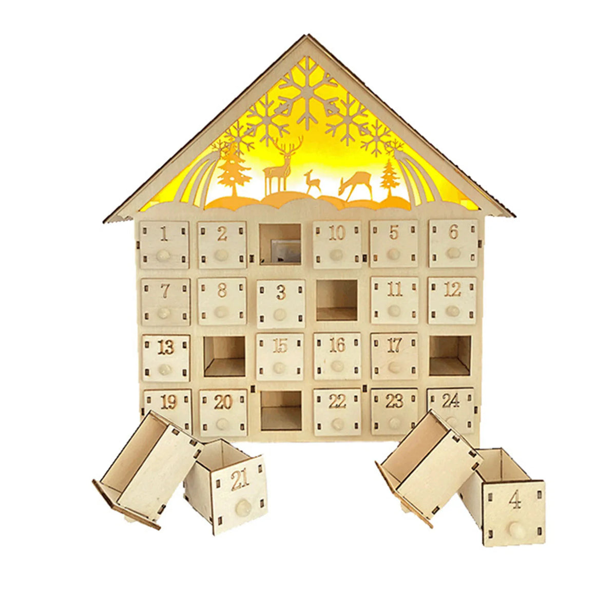 Calendario de Adviento de madera con 24 compartimentos, luz LED cálida y ambiente navideño