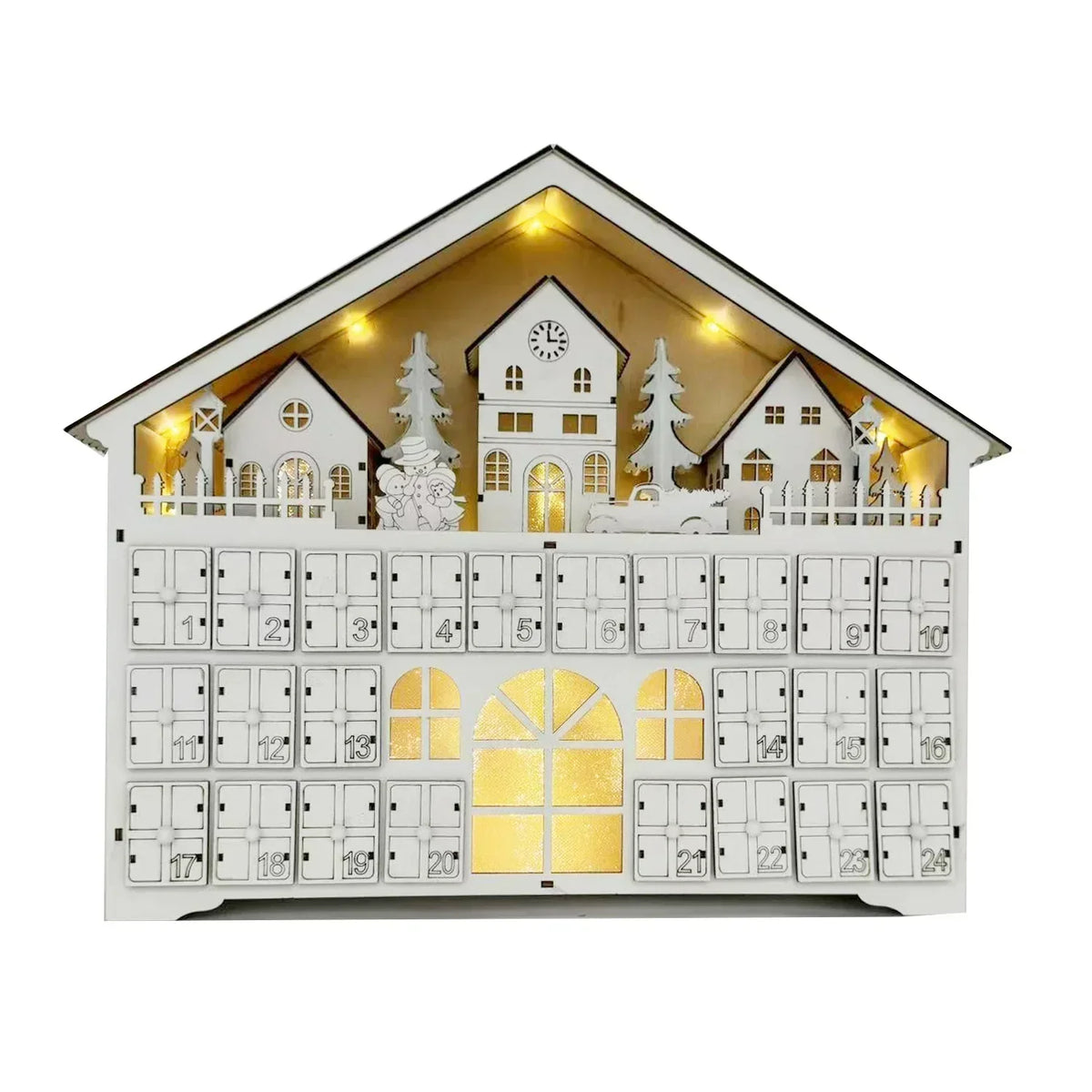 Calendario de Adviento de madera con 24 compartimentos, luz LED cálida y ambiente navideño