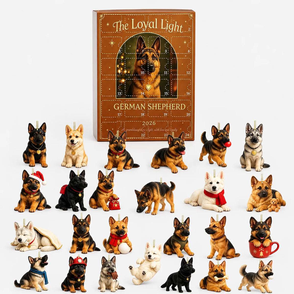 Calendario de Adviento de perros para amantes de los perros – 24 adornos de acrílico de pastor alemán para el árbol de Navidad