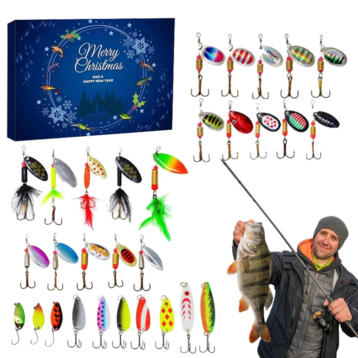 Calendario de adviento de pesca de 24 días con señuelos y herramientas premium