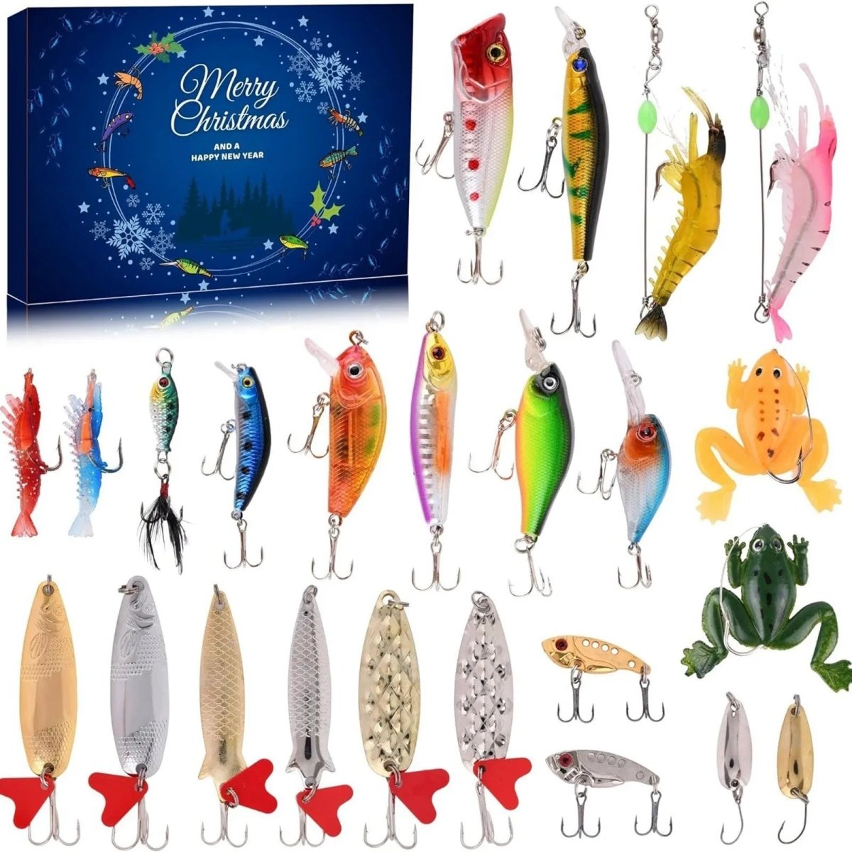 Calendario de adviento de pesca de 24 días con señuelos y herramientas premium