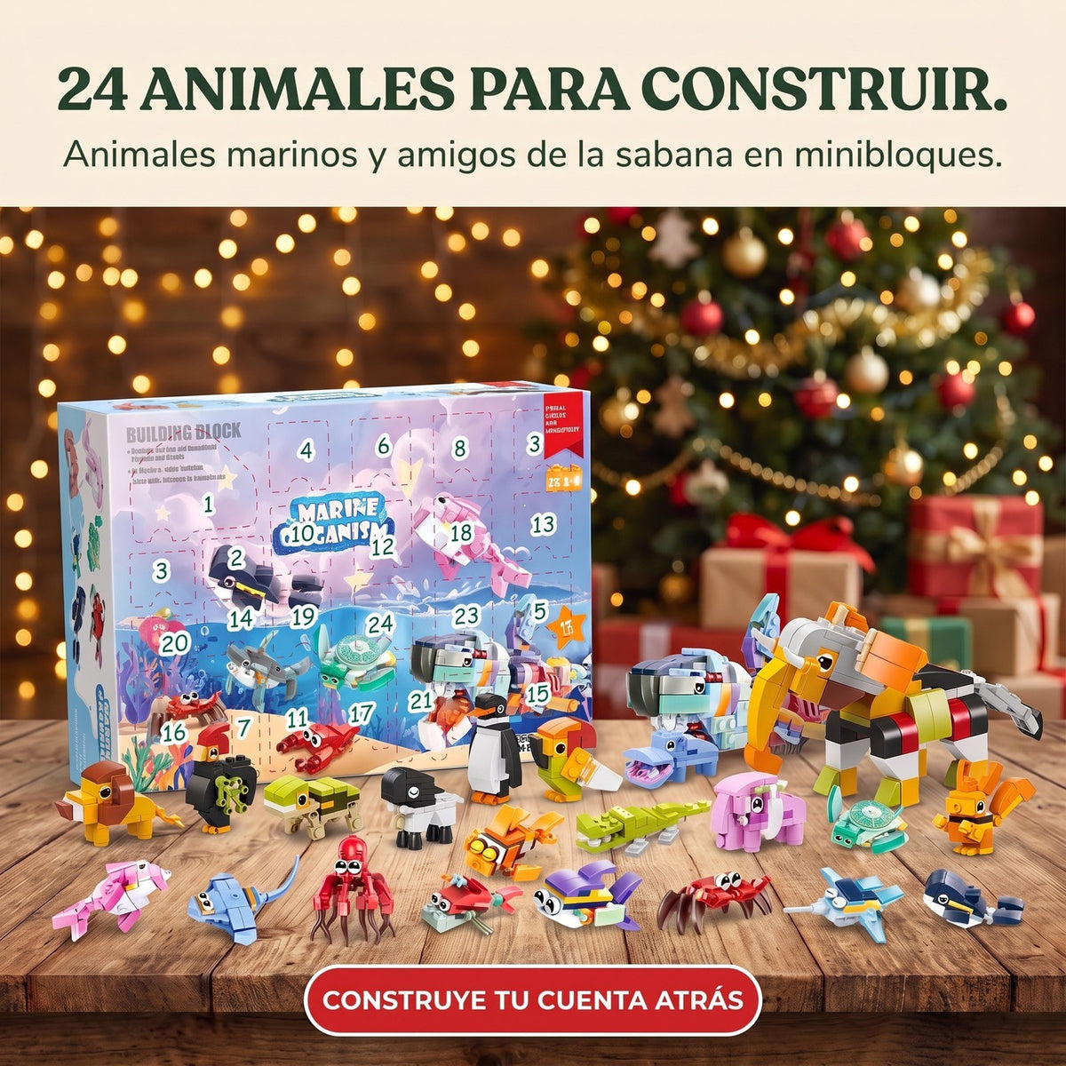 Calendario de Adviento de Vida Marina, 24 Animales de Bloques + Gran Criatura Marina