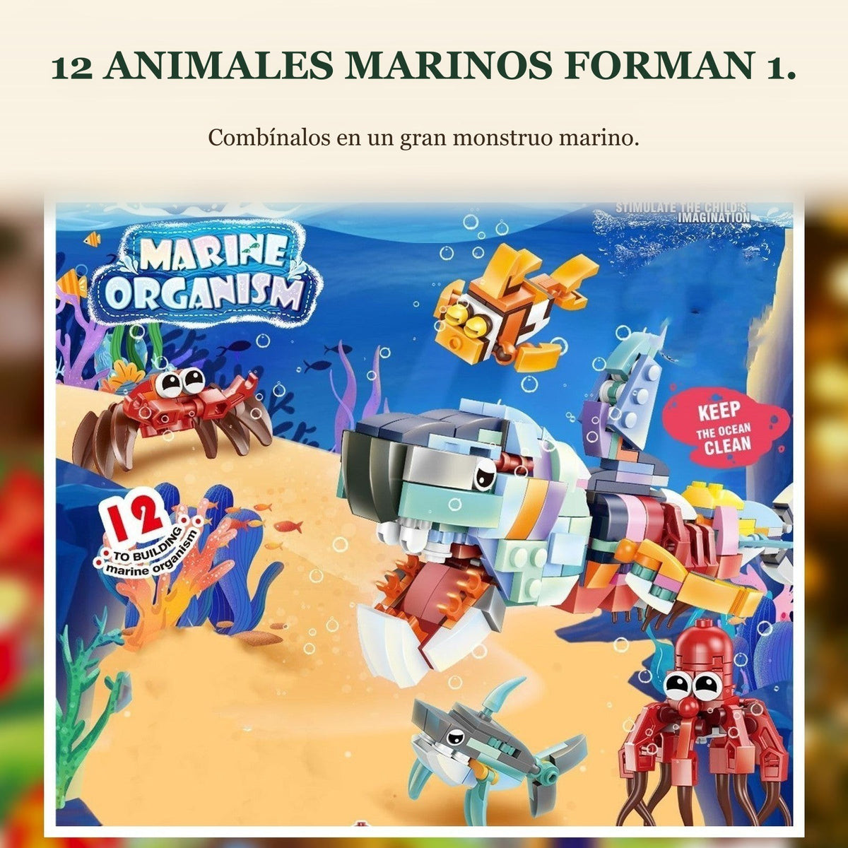 Calendario de Adviento de Vida Marina, 24 Animales de Bloques + Gran Criatura Marina