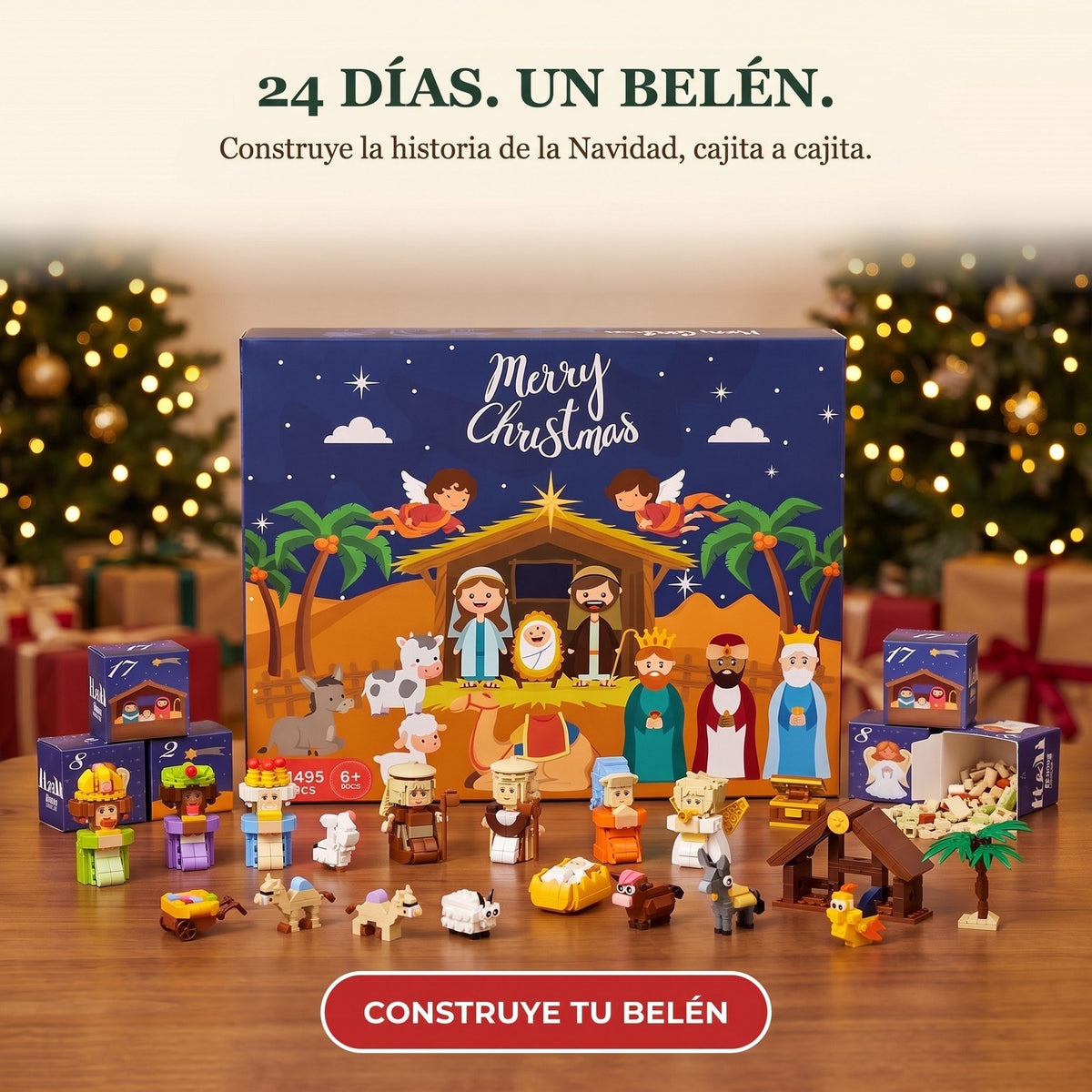 Calendario de Adviento del Belén de Bloques, 1495 Piezas en 24 Cajitas