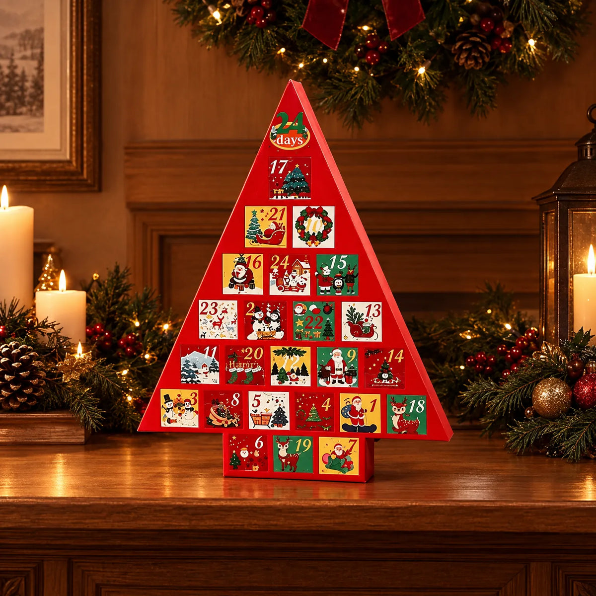 Calendario de Adviento en forma de árbol de Navidad para rellenar – Árbol de pie con 24 cajones, 41 cm de alto, reutilizable