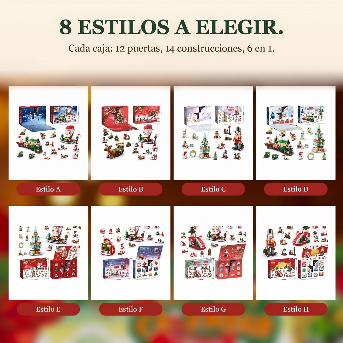 Calendario de Adviento Navideño de 12 Días, 14 Construcciones 6 en 1, 8 Estilos