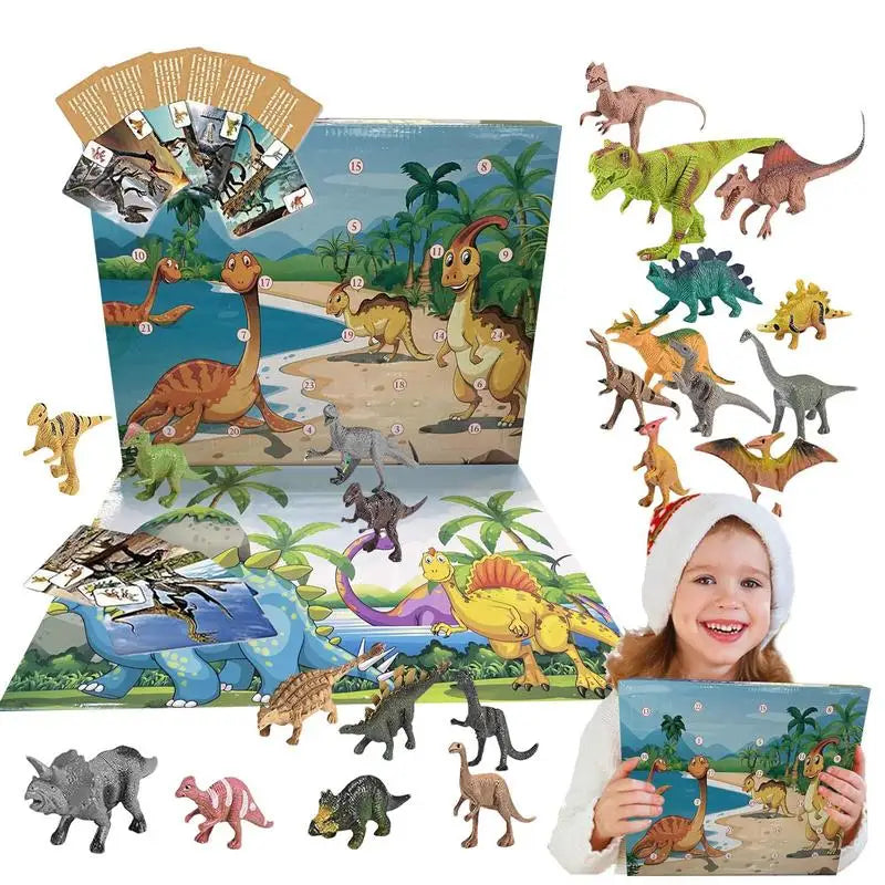 Calendario de Adviento navideño de dinosaurios para niños, 24 días con figuras 3D de PVC para cuenta atrás navideña
