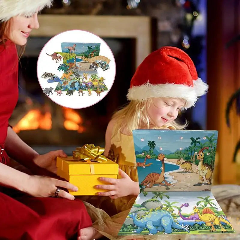 Calendario de Adviento navideño de dinosaurios para niños, 24 días con figuras 3D de PVC para cuenta atrás navideña