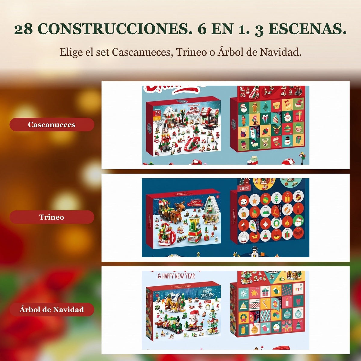 Calendario de Adviento Pueblo Navideño, 28 Construcciones 6 en 1, Cascanueces, Trineo o Árbol