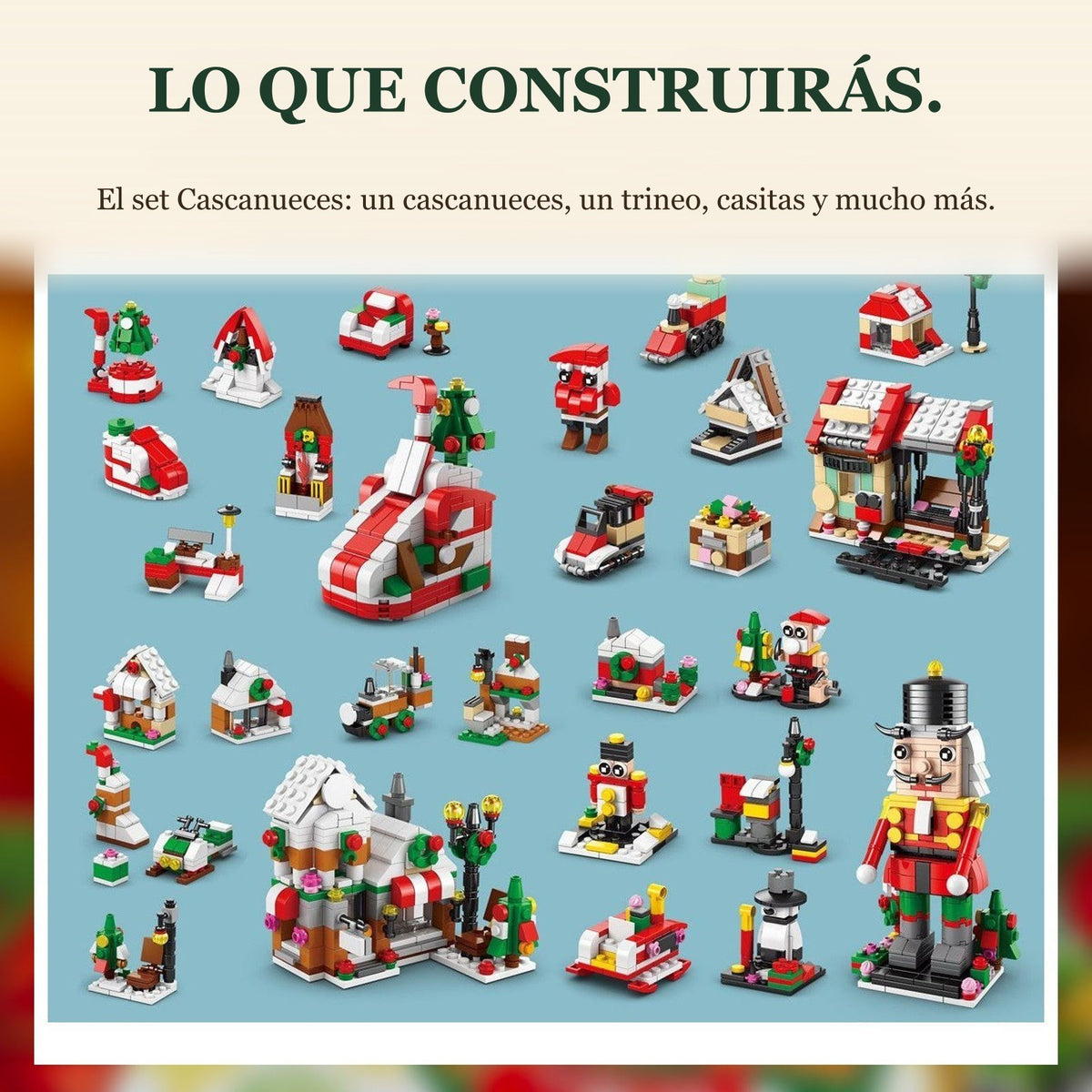 Calendario de Adviento Pueblo Navideño, 28 Construcciones 6 en 1, Cascanueces, Trineo o Árbol