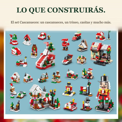 Calendario de Adviento Pueblo Navideño, 28 Construcciones 6 en 1, Cascanueces, Trineo o Árbol