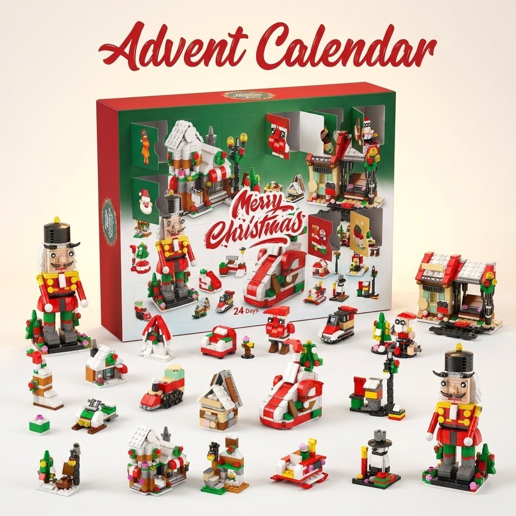 Calendario de Adviento Pueblo Navideño, 28 Construcciones 6 en 1, Cascanueces, Trineo o Árbol