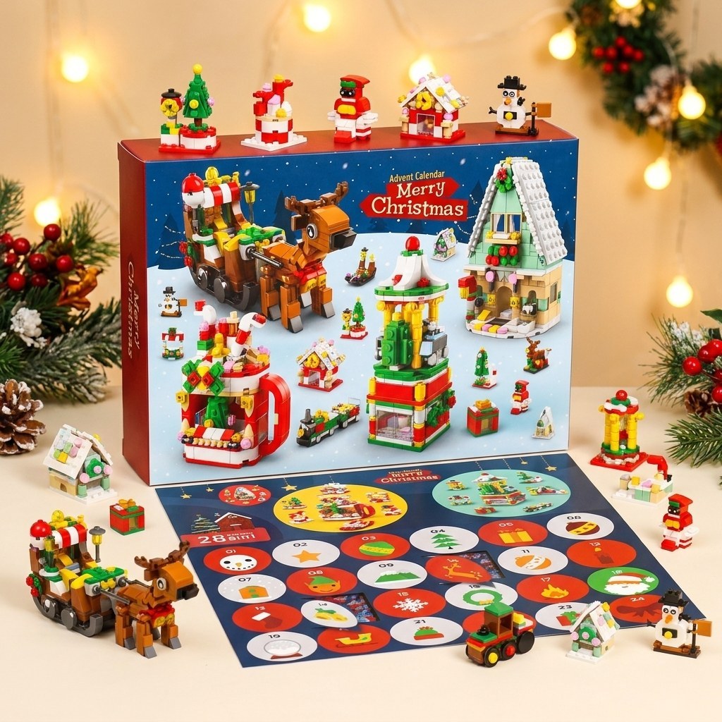 Calendario de Adviento Pueblo Navideño, 28 Construcciones 6 en 1, Cascanueces, Trineo o Árbol