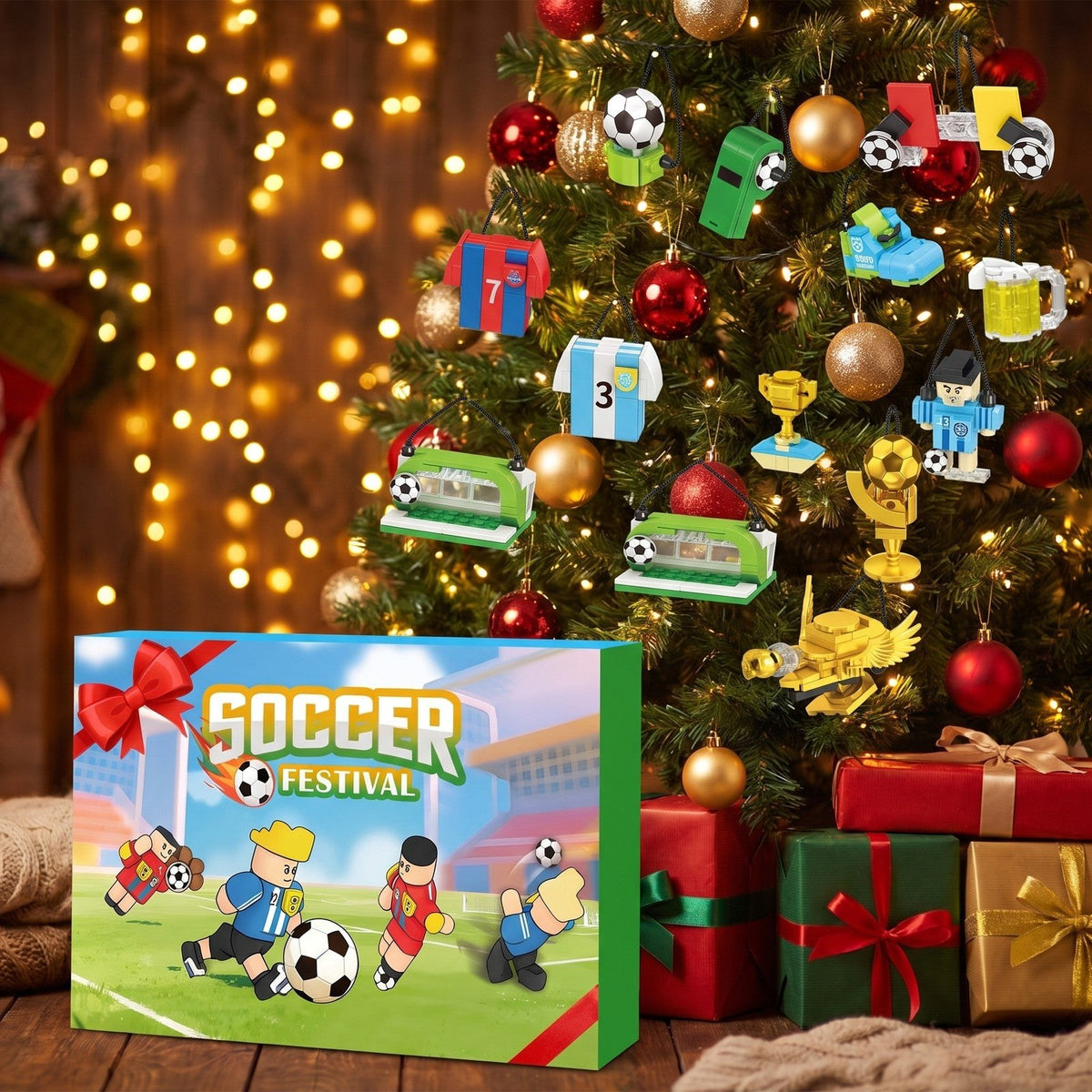 Calendario de Adviento Soccer Festival, 600 Piezas de Bloques para Colgar en el Árbol