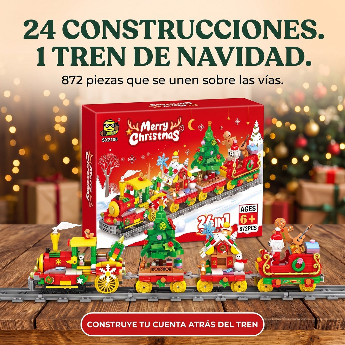 Calendario de Adviento Tren de Navidad 24 en 1, 872 Piezas de Bloques