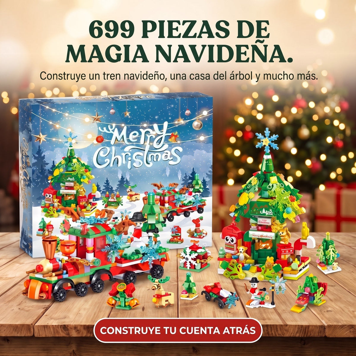 Calendario de Adviento Tren de Navidad y Casa del Árbol, 699 Piezas de Bloques