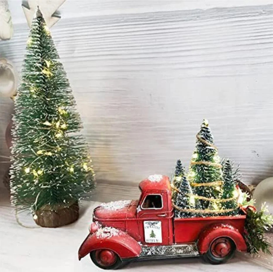 Camioneta roja de decoración navideña con árboles de escobillón y luces LED para mesa