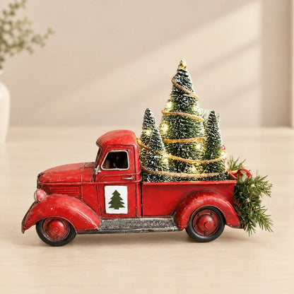 Camioneta roja de decoración navideña con árboles de escobillón y luces LED para mesa