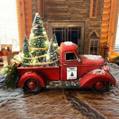 Camioneta roja de decoración navideña con árboles de escobillón y luces LED para mesa