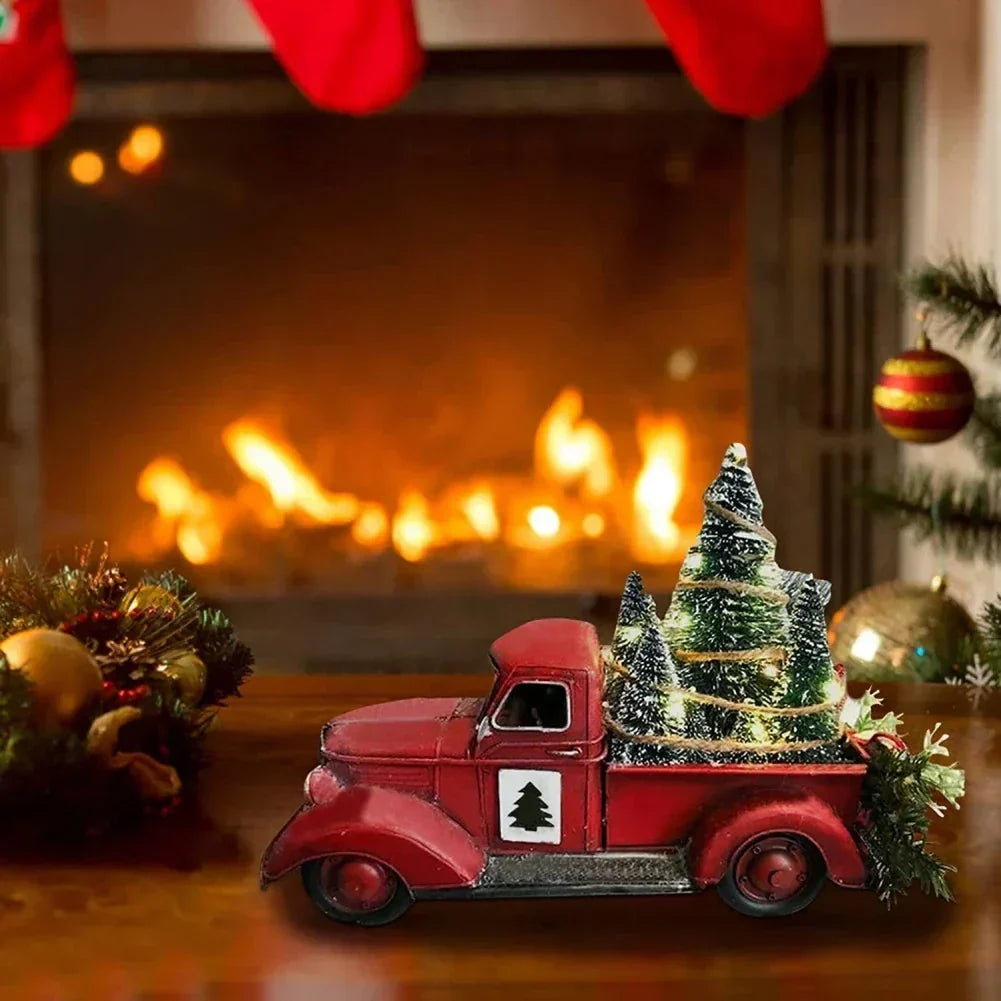 Camioneta roja de decoración navideña con árboles de escobillón y luces LED para mesa