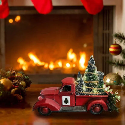 Camioneta roja de decoración navideña con árboles de escobillón y luces LED para mesa