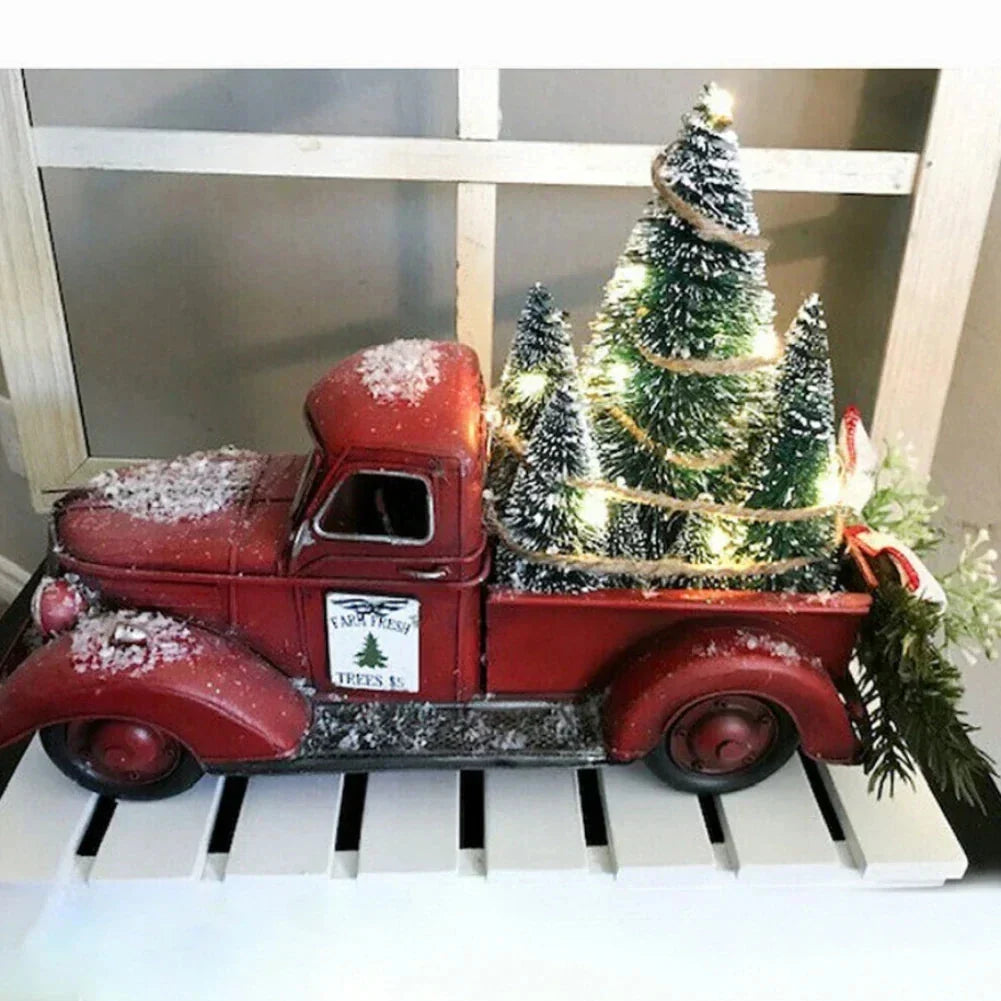 Camioneta roja de decoración navideña con árboles de escobillón y luces LED para mesa