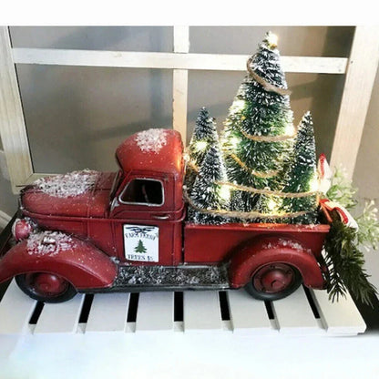 Camioneta roja de decoración navideña con árboles de escobillón y luces LED para mesa