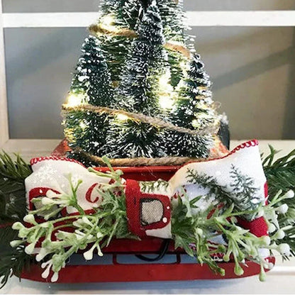 Camioneta roja de decoración navideña con árboles de escobillón y luces LED para mesa