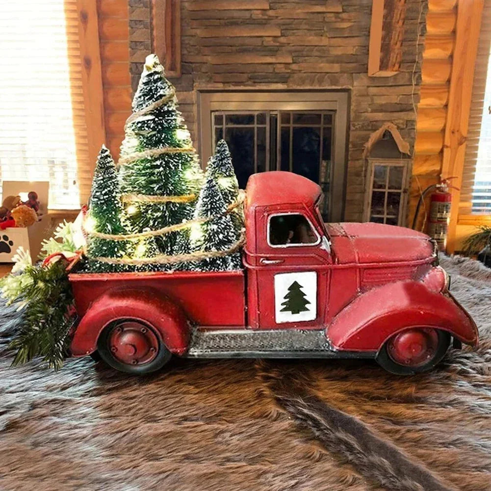Camioneta roja de decoración navideña con árboles de escobillón y luces LED para mesa