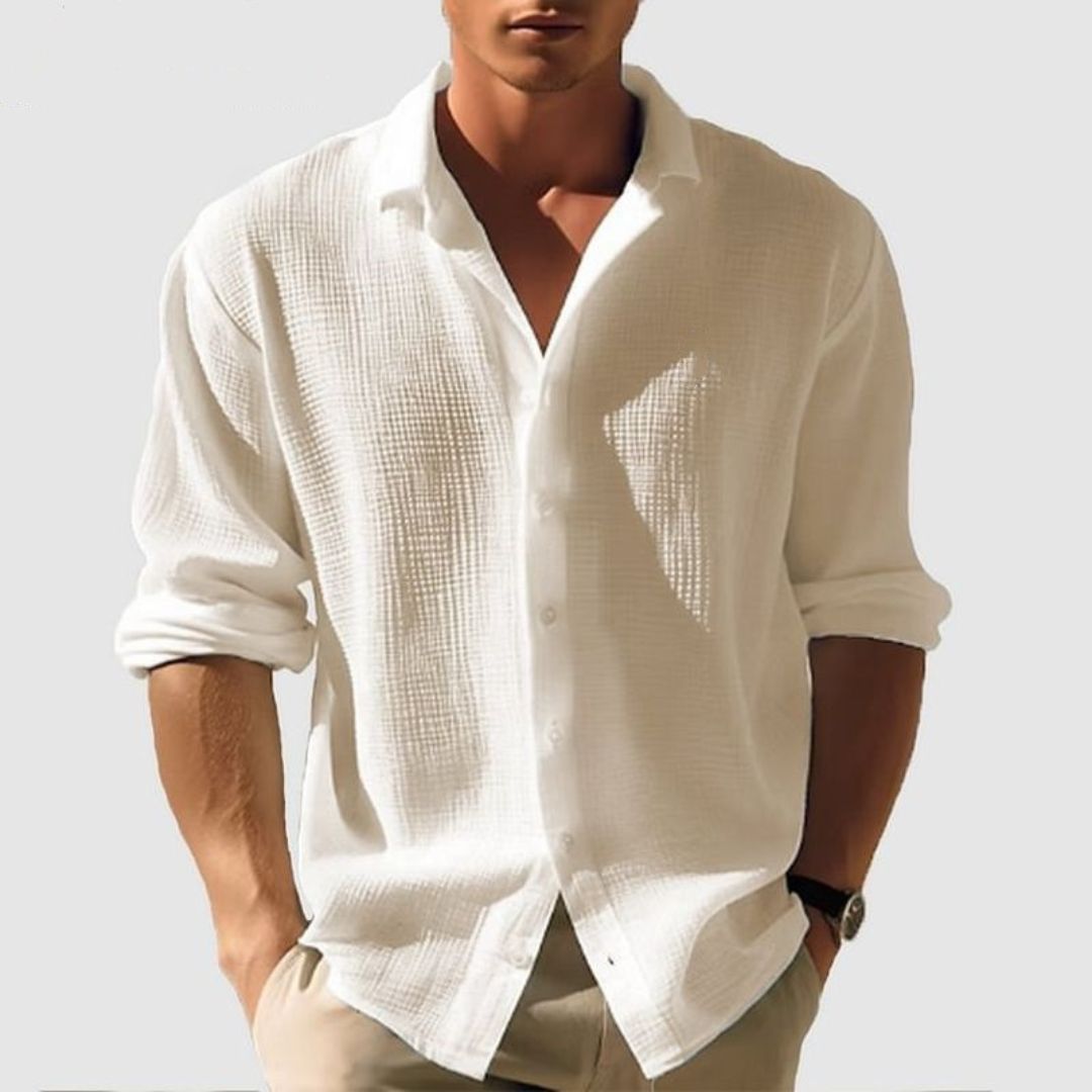 Camisa casual de manga larga de algodón con textura gofre para hombre