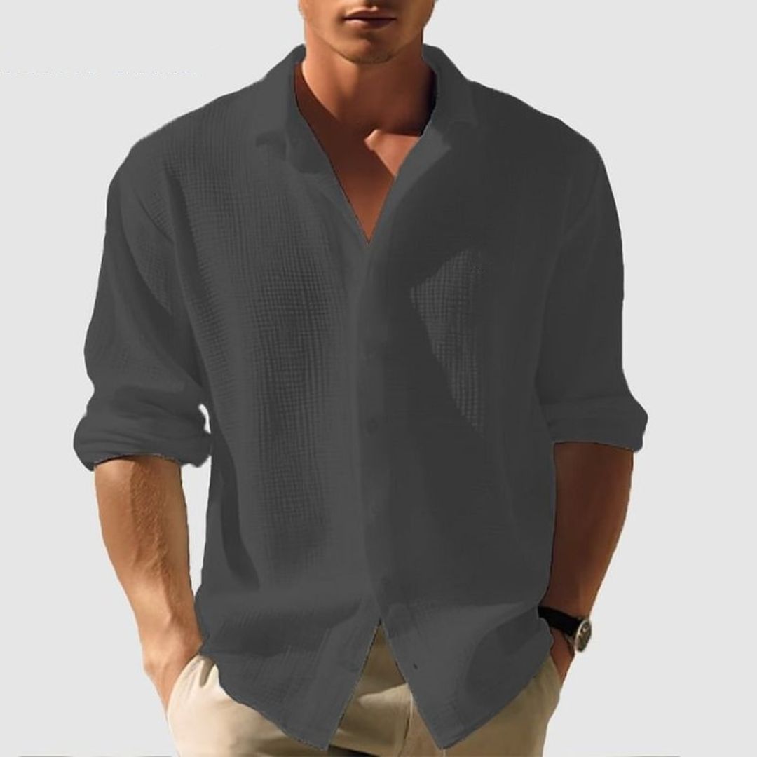 Camisa casual de manga larga de algodón con textura gofre para hombre