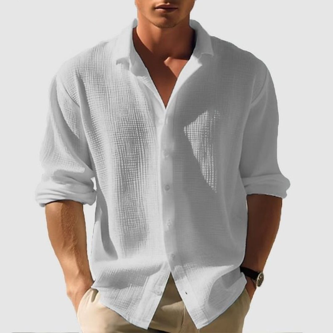 Camisa casual de manga larga de algodón con textura gofre para hombre