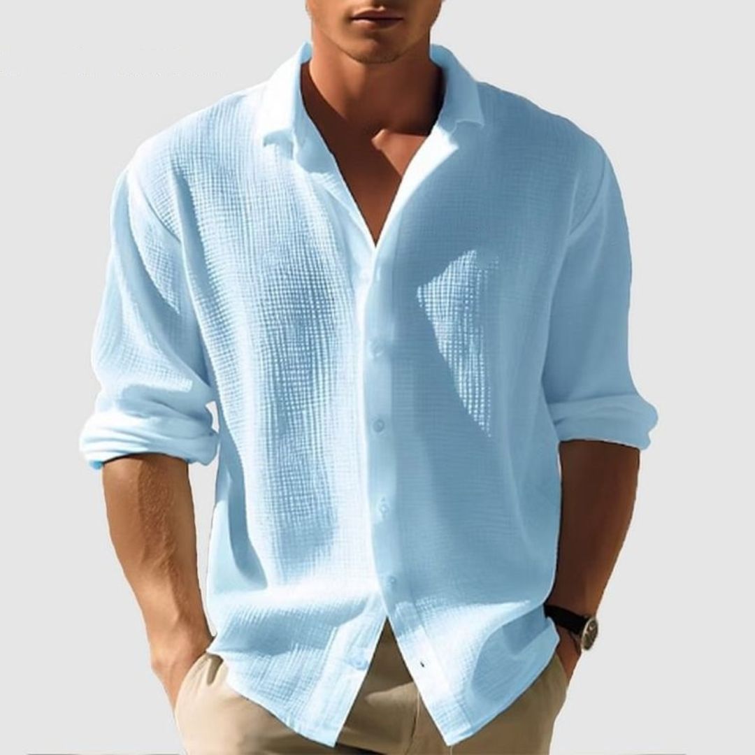 Camisa casual de manga larga de algodón con textura gofre para hombre