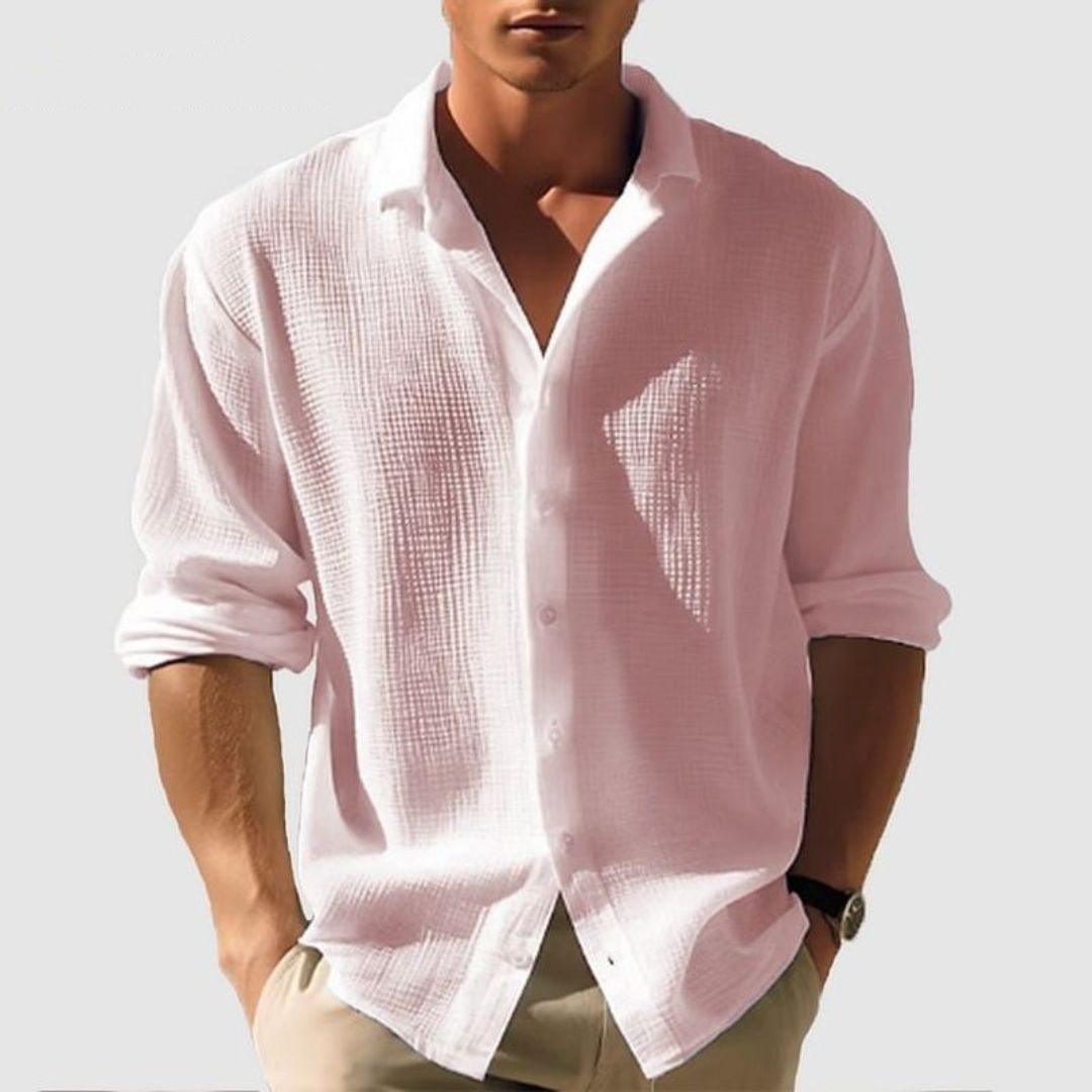 Camisa casual de manga larga de algodón con textura gofre para hombre