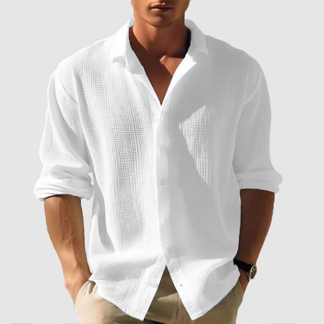 Camisa casual de manga larga de algodón con textura gofre para hombre