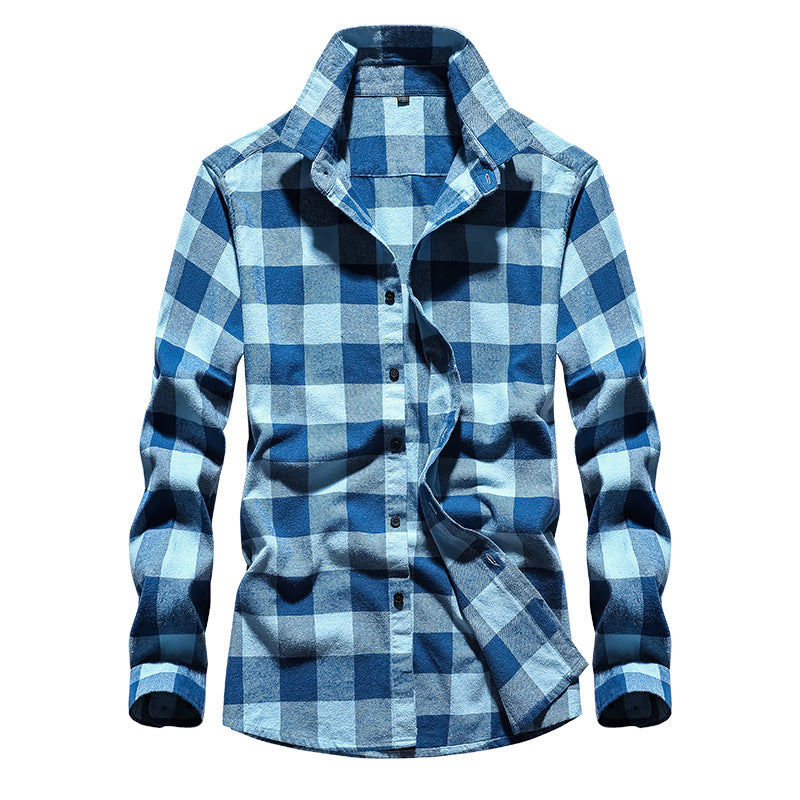 Camisa de franela a cuadros para hombre con cuello Kent y abotonadura completa