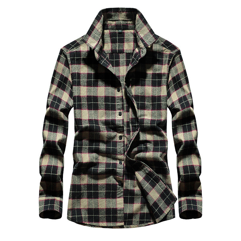 Camisa de franela a cuadros para hombre con cuello Kent y abotonadura completa