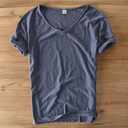 Camisa de Lino y Algodón de Cuello en V para Hombre