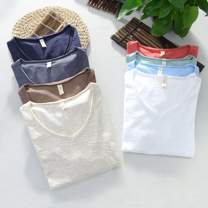 Camisa de Lino y Algodón de Cuello en V para Hombre