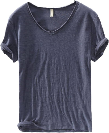 Camisa de Lino y Algodón de Cuello en V para Hombre