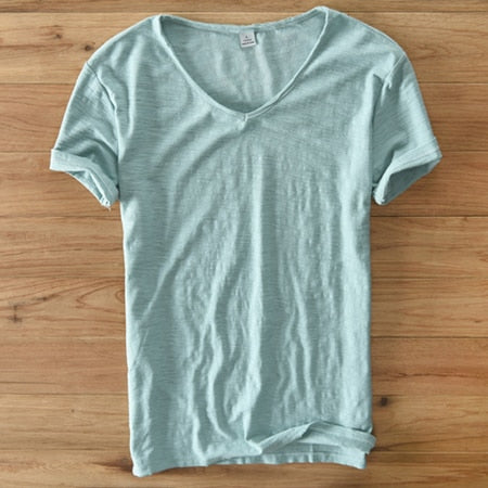 Camisa de Lino y Algodón de Cuello en V para Hombre