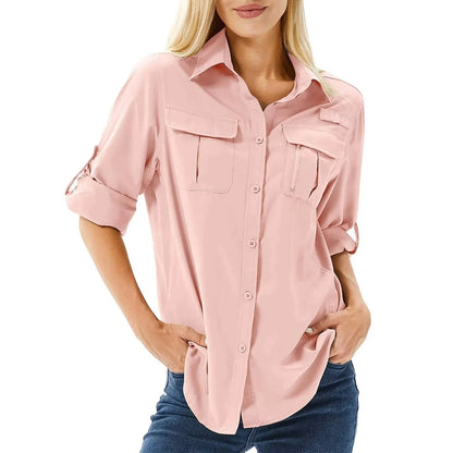 Camisa de senderismo y safari UPF 50 para mujer con mangas enrollables y bolsillos con cremallera