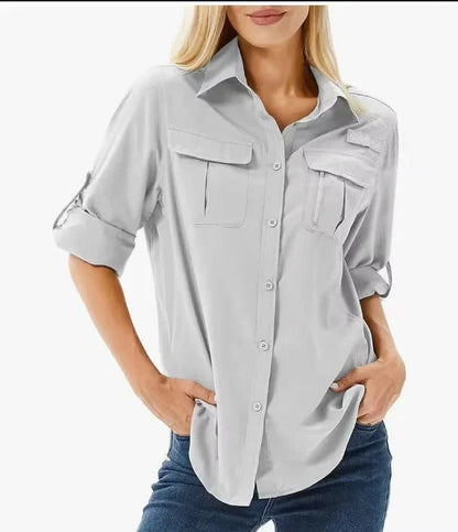 Camisa de senderismo y safari UPF 50 para mujer con mangas enrollables y bolsillos con cremallera
