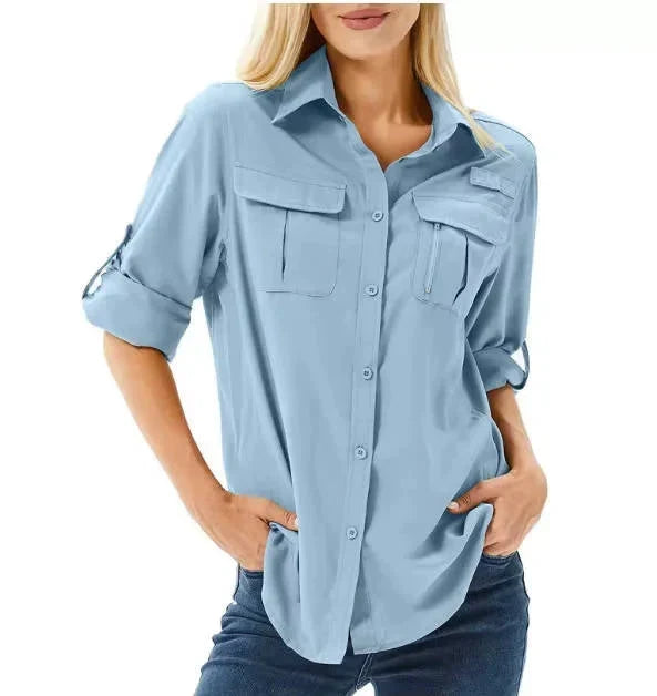Camisa de senderismo y safari UPF 50 para mujer con mangas enrollables y bolsillos con cremallera