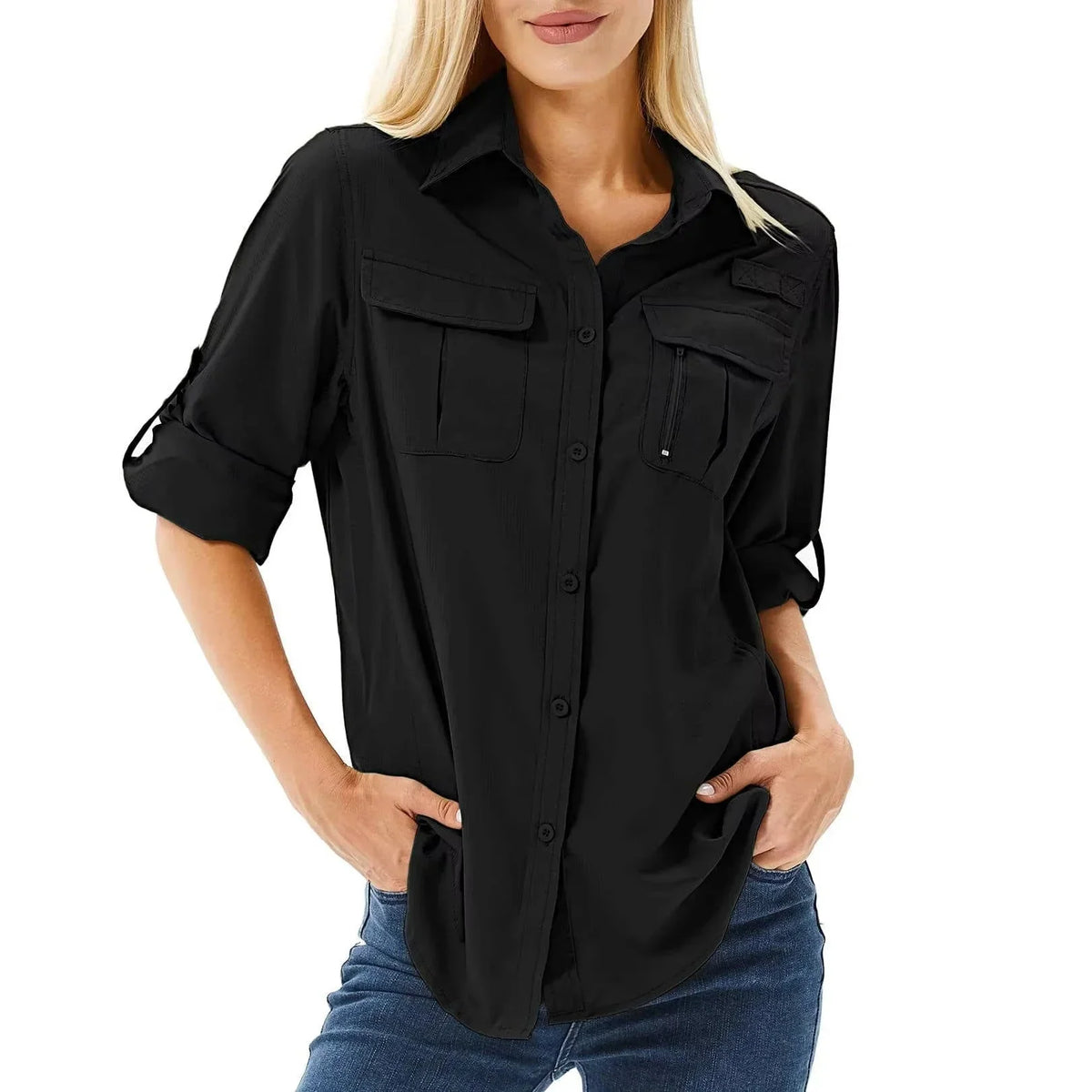 Camisa de senderismo y safari UPF 50 para mujer con mangas enrollables y bolsillos con cremallera
