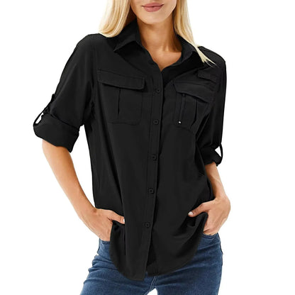 Camisa de senderismo y safari UPF 50 para mujer con mangas enrollables y bolsillos con cremallera